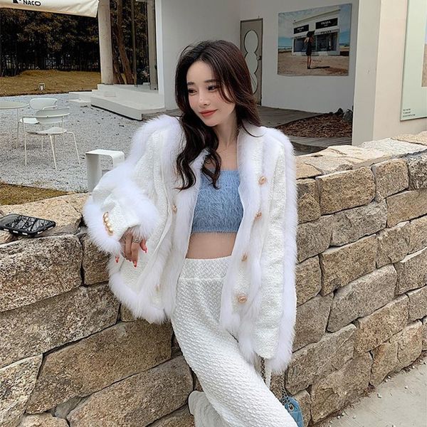 Peles Fox Fur Coats Woman Winter 2022 Office Lady Lady Real Peur Woolen Ficching Double Bastted Short Jackets Casacas para Mujer