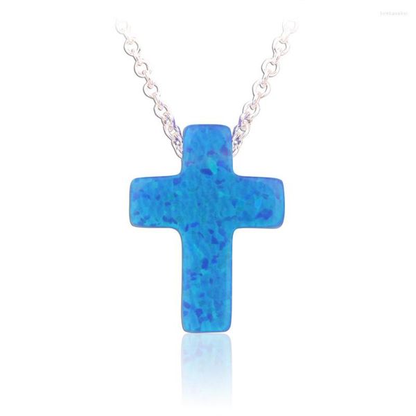 Colares pendentes 9x12mm 925 Cadeia de prata esterlina Opal Cross Cross Colar Rhodium Bated Op05 Blue para presente