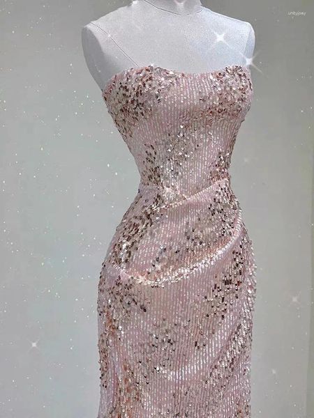 Abiti da festa Champagne Pink Cocktail Paillettes senza spalline Shiny Zipper Tube Top Cerimonia Host Glitter Evening Prom Dance Gowns