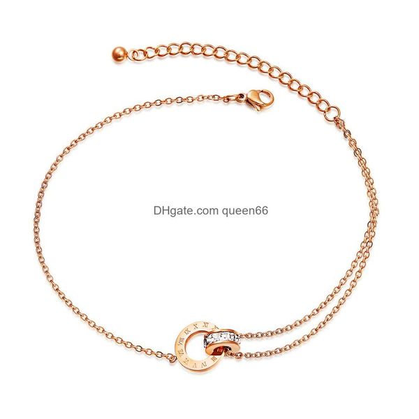 Tornozeleiras moda anéis duplos zircon tornozeleiras mulheres designer rosa ouro número romano pé cadeia titânio aço jóias presentes para feminino d hzxz