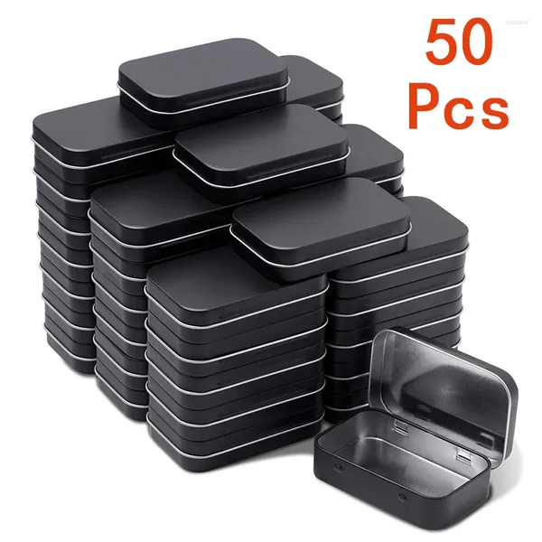 Garrafas de armazenamento 50pcs latas retangulares de metal pretas mini caixa portátil recipientes pequenos vazios com tampas kit organizador de casa