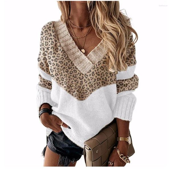 Maglioni da donna Donna Autunno Elegante Stampa leopardata Patchwork Manica lunga Felpa invernale Office Lady Pullover Maglione Pull Femme