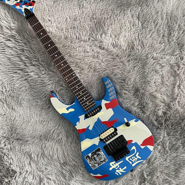 Custom Shop Япония Джордж Линч Камикадзе Синий камуфляж Электрогитара Флойд Роуз Тремоло Бридж Черный Аппаратный гриф с одной катушкой Звукосниматель Кленовый гриф