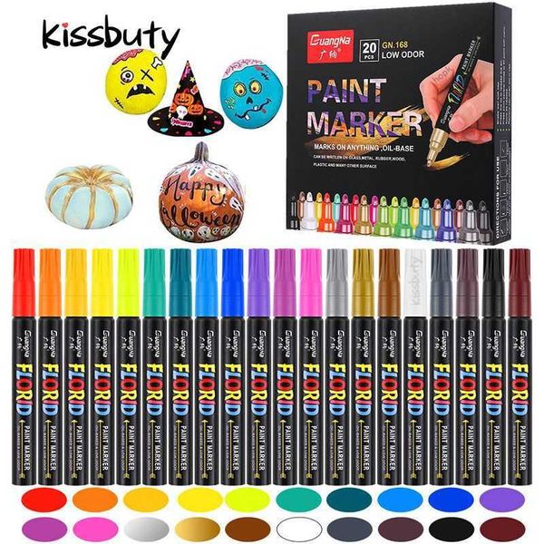 Pincel de aquarela 20 cores marcadores de tinta caneta caneta baseada em óleo para rochas pintando tecido de madeira canecas de vidro plástico de vidro Diy Craft p230427