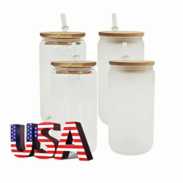 US CA Stock 16oz Sublimation Glass Bier Tassen mit Bambusdeckel und Stroh Tumbler DIY Blanks Dosen Hitze Transfer Cocktail Kaffeetassen Whiskygläser