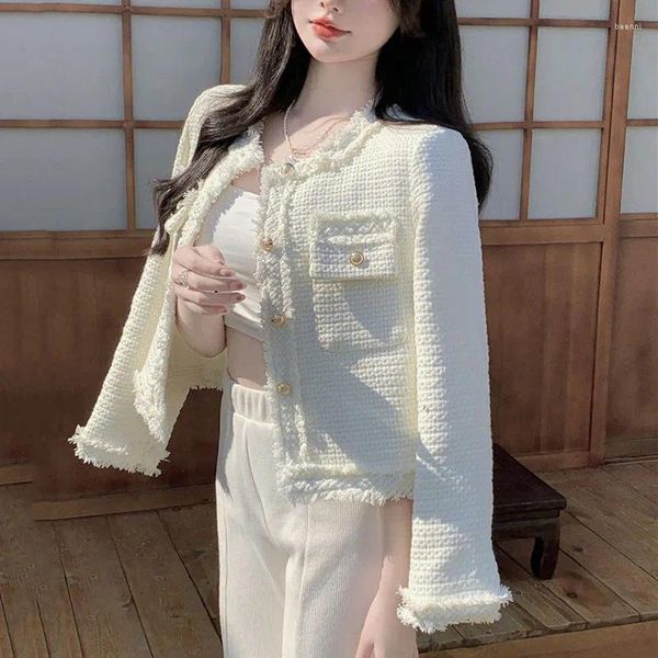 Jaquetas femininas 2023 outono moda xadrez tweed jaqueta mulheres branco em torno do pescoço cortado borla casaco único breasted escritório senhora outwear