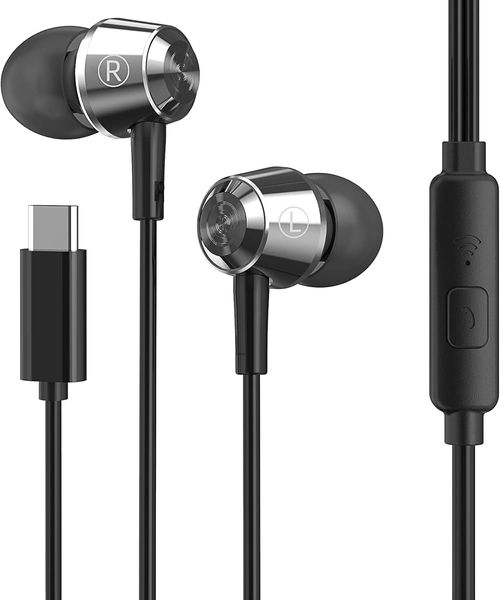 Fones de ouvido com fio HAPPYAUDIO W1 USB C, fones de ouvido de metal estéreo Hi-Fi com cancelamento de ruído e fone de ouvido com microfone para chamadas esportivas, iOS compatível, Galaxy, Android