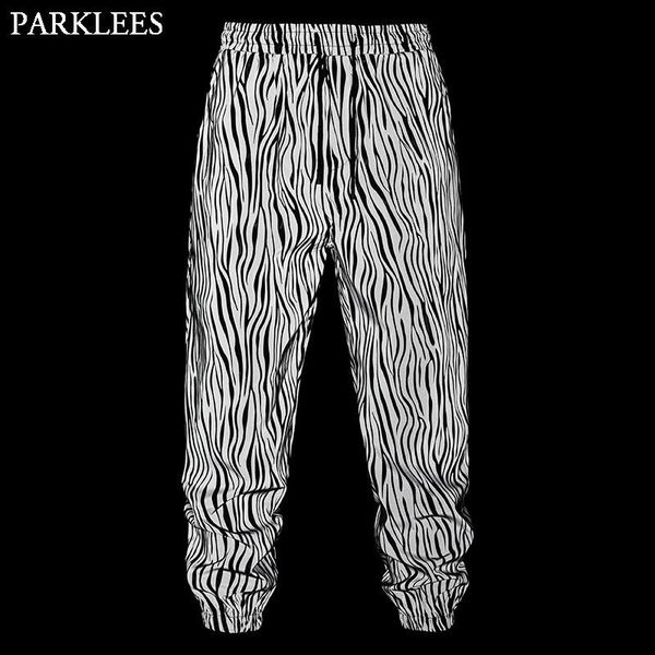Calças hip hop zebra padrão reflexivo jogger calças dos homens fluorescente dança festa moletom festival rave noite esporte outfit