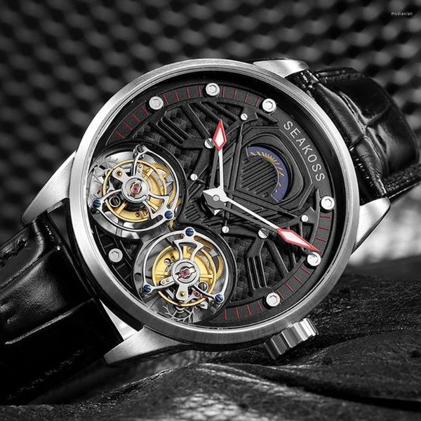 Armbanduhren Top-Marke SEAKOSS Double Tourbillon Men Skeleton Watch Handaufzugswerk Saphir Mechanische Leuchtuhr