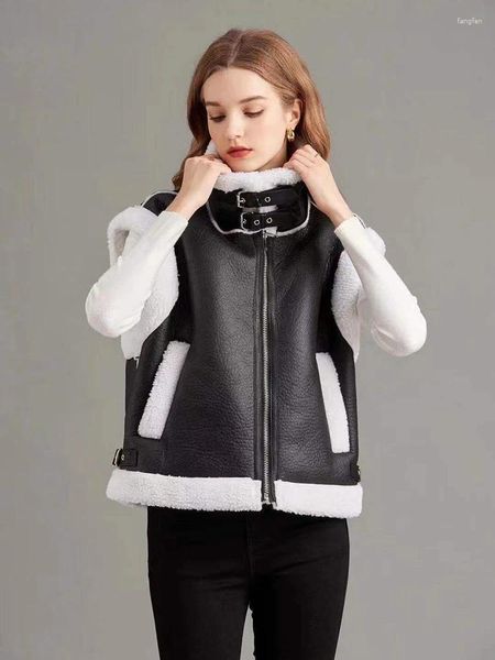 Gilet da donna 2024 Autunno Inverno Pelliccia Integrazione Gilet da donna O-Collo caldo ecopelle patchwork in pile femminile gilet in lana d'agnello