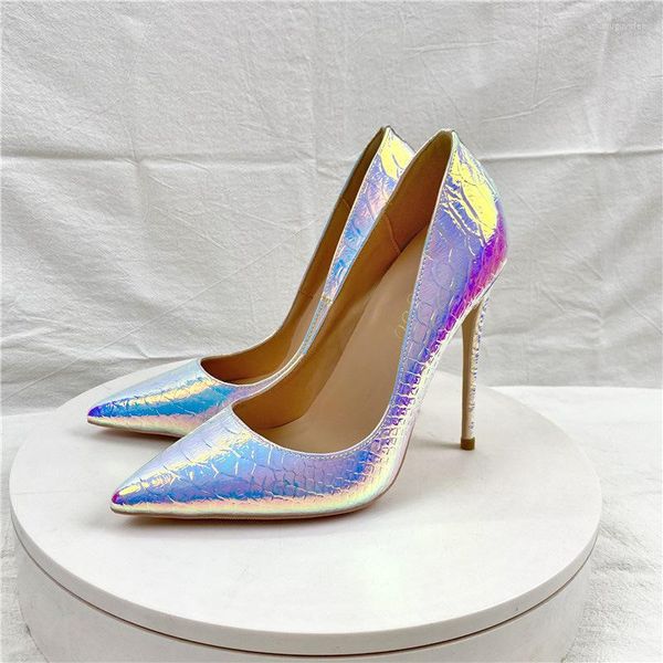 Scarpe eleganti Laser modello serpente bianco 12 cm Décolleté a punta con tacco a spillo Banchetto in pelle laccata Donne sexy Tacchi alti bassi di grandi dimensioni