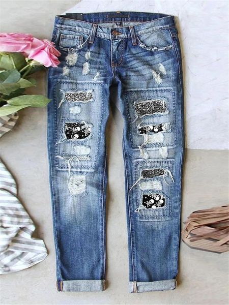 Damen Jeans Patchwork Totenkopf bedruckt Frau Mama Hose Blau Vintage Ripped Destroyed Straight Denim Hose Streetwear Y2K 90er Jahre