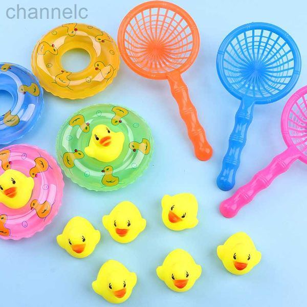 Bath Toys 5pcs/set crianças flutuando mini anéis de natação borracha patos amarelos fofos rede de pesca lavando criança brinquedo água diversão