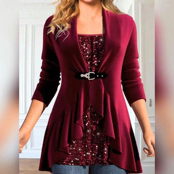 Blusas femininas senhora grosso topo elegante brilhante blusa de lantejoulas babados u pescoço comprimento médio pulôver para outono/inverno moda natal longo