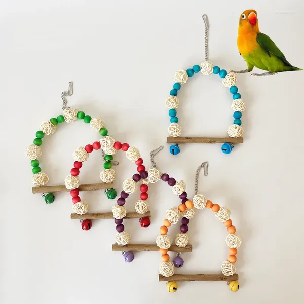 Outros suprimentos de pássaros papagaios ponte rede com sinos balanço em pé treinamento madeira contas coloridas pendurado brinquedo