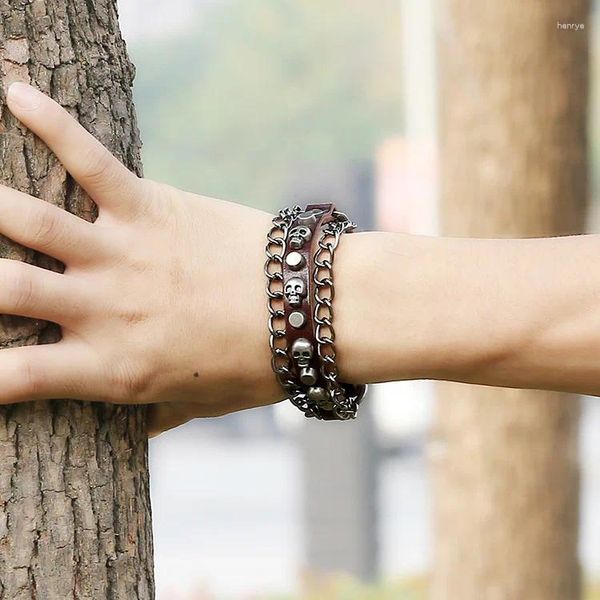 Charme Pulseiras Boho Gypsy Hippie Vintage Punk Brown Couro Cobre Crânio Bead Chain Envoltório de Metal Unisex Ajustável Bangle Pulseira