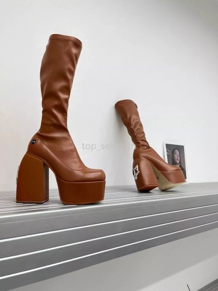 2024 Nu Wolfe Botas Designer Sapatos Spice Joelho-Botas Altas Bota De Couro Preto Chunky Heel Platform Shoe 13cm