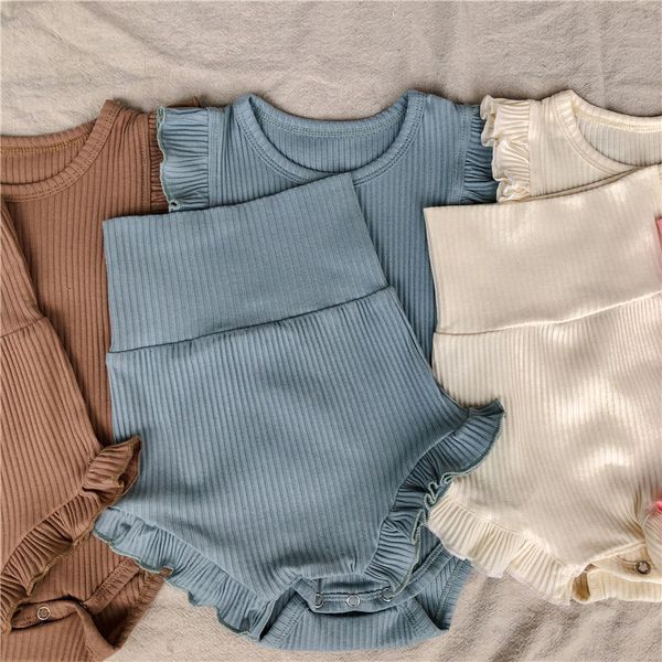 Artırıcılar bebek kız giysileri set yumuşak kuryaklı pamuk bosyuit şort giyim sevimli yürümeye başlayan moda rahat tulum bloomers 230427