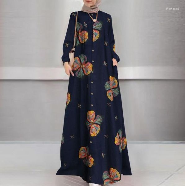 Abbigliamento etnico Elegante abito formale con stampa musulmana per le donne Ramadan Arabia Saudita Femme Dubai Open Abaya Eid Marocain Abbigliamento Turchia Kaftan