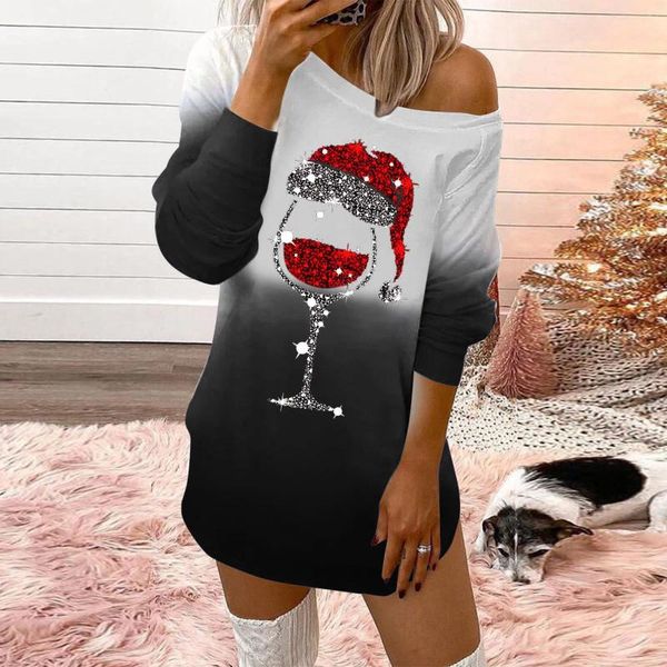 Freizeitkleider Frohe Weihnachten Sweatshirt Damen Rundhalsausschnitt Schulterfrei Lange Ärmel Weinbecher Bedruckt Cosplay Partykleid Abend