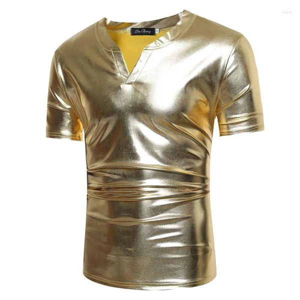 T-shirt da uomo in oro lucido metallizzato camicia a maniche corte da uomo Hip Hop streetwear casual Tee Homme DJ discoteca scollo a V maglietta Camiseta