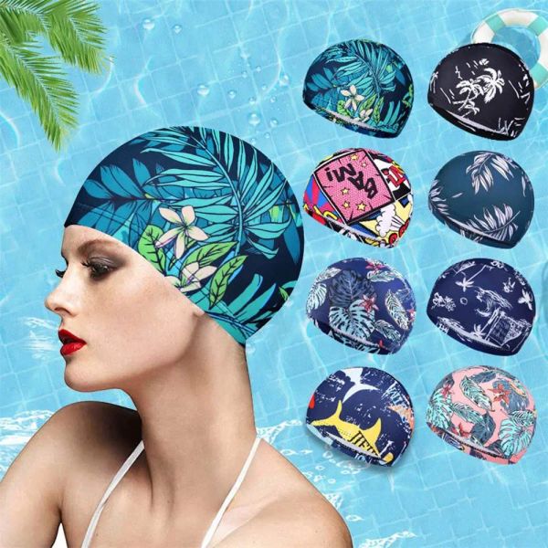 Neue elastische Nylon Turban Badekappe Männer Frauen Blumen gedruckt langes Haar Kappe Sport Schwimmen Pool Bade Hut Sport Zubehör