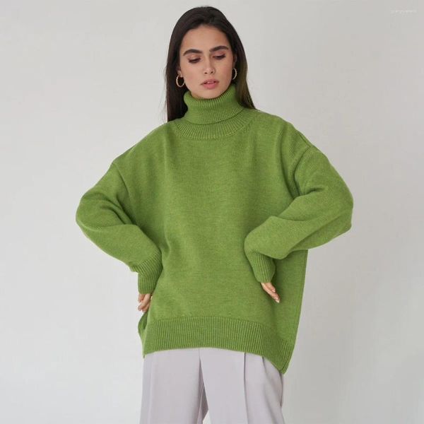 Suéteres femininos oversize camisola gola alta verde vintage pulôver jumper mulheres inverno grosso quente malha solta cor sólida