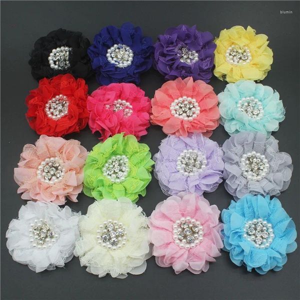 Acessórios de cabelo 100pcs 9cm chiffon laço strass pérolas flor para princesa menina headband clipes convite de casamento decorativo