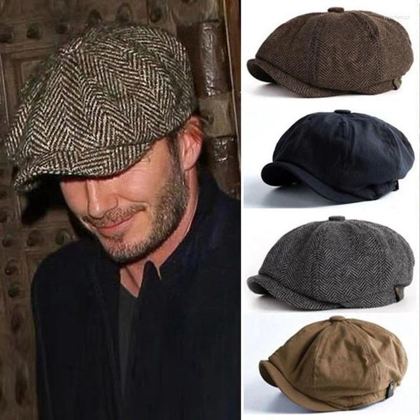 Berretto da baseball da uomo, berretto retrò, cappello britannico, misto lana, vintage, tweed a spina di pesce, berretto piatto casual da ragazzo