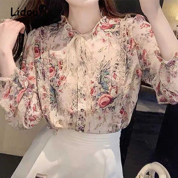 Blusen der Frauen Hemden Frühlings-Sommer-neue Blumen-Chiffon- Hemd-koreanische sanfte Art-Blusen-Frauen-Spitze-Krawatten-lange Hülsen-Hemd-Büro-Dame-elegantes Hemd P230427