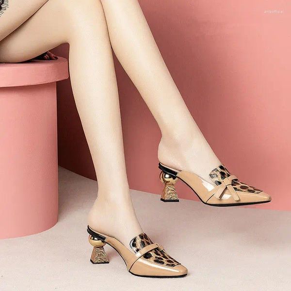 Kleid Schuhe Weiches Leder Close Toe Hausschuhe Frau 2023 Mode Sommer High Heels Slides Leopard Frühling Weibliche Schuhe Drop