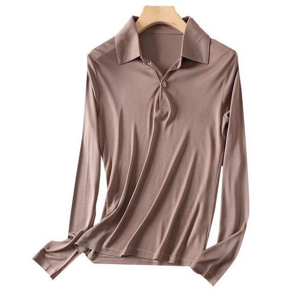 Polos Seidenpoloshirt Damen Langarmshirts Damen Frühling Herbst Gestricktes Seidenunterhemd Elegante Damenbluse von guter Qualität Plus Größe