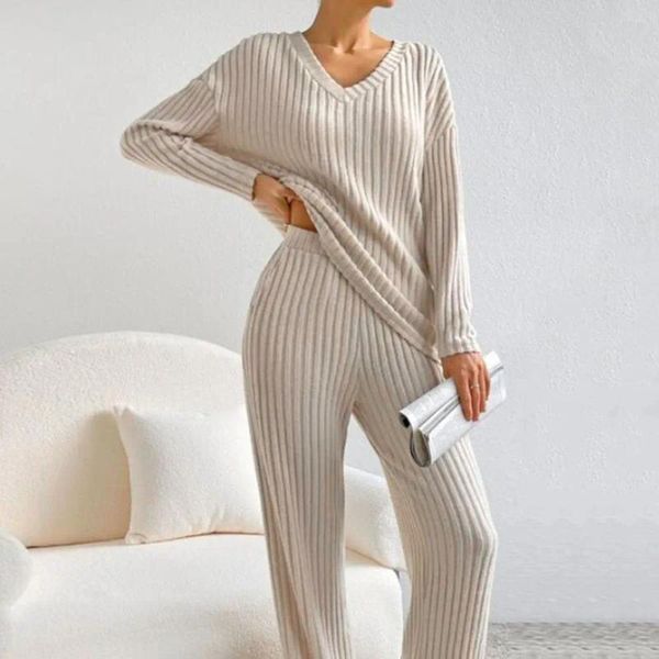 Frauen zweisteuelhafte Hosen Langarm Pyjama Set Lady Winter Kleidung gemütlicher gestrickter Pullover stilvoller v Hals Lose Fit Elastic Taille für