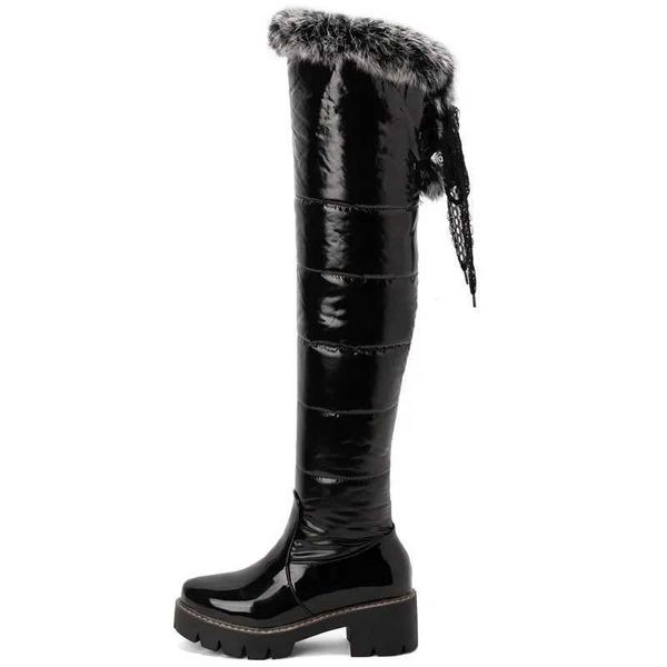 Hohe Damen-Schneestiefel, Winterschuhe, Plateau, Plüschfell, Overknee-hoher Stiefel, schwarze Plateau-Damenschuhe, Marke