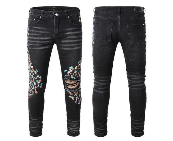 Mens Designer Jeans para Homem Skinny Preto Rip Rock Denim Slim Straight Distress Biker Branco Estrela Hip Hop Motocicleta Azul Splatter P4658535