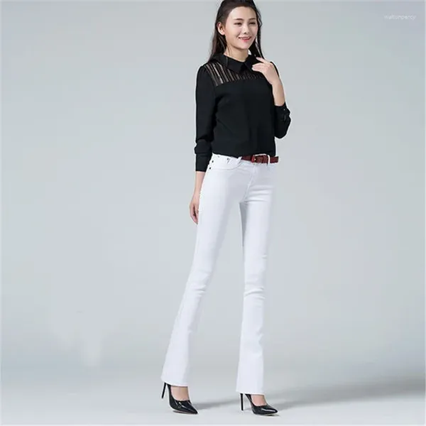 Jeans femininos branco magro flared mulheres moda coreana algodão escritório senhora denim bell-bottoms calças primavera verão lj260