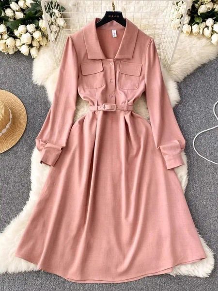 Casual Kleider Mode Koreanische Büro Damen Rosa Hemd Kleid Frauen Langarm Tasche Einfarbig Elegante Gürtel A-linie Midi vestidos