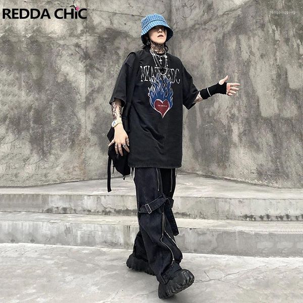 Calças de brim masculinas Reddachic Acubi Moda Calças Homens Negros Baggy com Slit Zipper Duas Tiras Cyber Y2K Grunge Goth Harajuku Emo Street Style