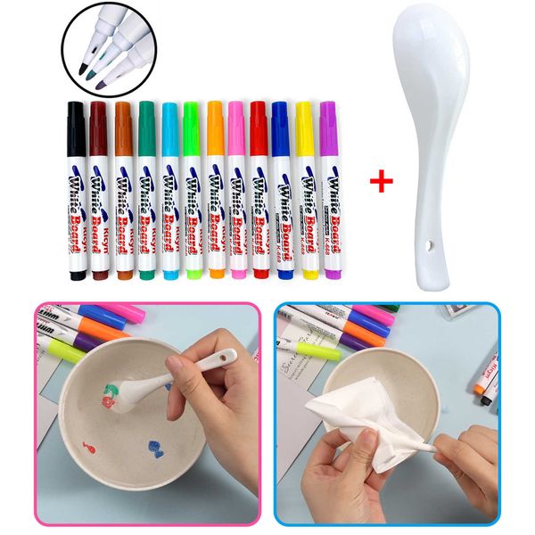 12pcscolor Brush Magical Painting Pen Set Water Floating Doodle Pens Für Kinder Zeichnen Early Education Magic Whiteboard Marker 8 Color Kit P230427