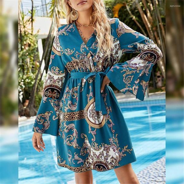 Sıradan Elbiseler Vintage Chic Moda Kadın Hippi Çiçek Baskı V Yastık Bohemian Mini Yaz Bayanlar Flare Sleepe Beach Boho Elbise Vestidos