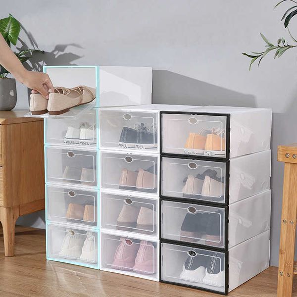 Bins Box Transparente verdickte staubdichte Aufbewahrungsboxen stapelbarer Kunststoff durchsichtiger Faltschrank Schublade Schuhe Organizer Rack W0428