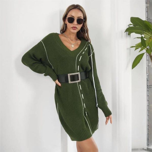 Casual Kleider Mode Lose Gestrickte Pullover Kleid Herbst Winter Sexy V-ausschnitt Colorblock Kordelzug Design Elegante Kurze Weiße Vestidos