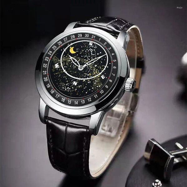 Relógios de pulso romântico estrelado relógio de quartzo moda masculina relógio de pulso relógio de pulso Gypsophila Corium Strap relógios para homens fase da lua