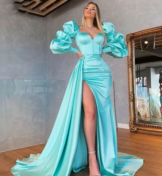 Robes de bal bleu clair robe de soirée fête formelle nouveau personnalisé à lacets fermeture éclair grande taille sirène chérie manches longues cuisse-haute fentes pli satin