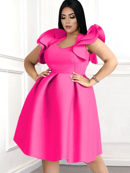 Top Rose Red A Line Abiti Ruffles Donna Bellissimo abito da ballo a vita alta Plus Size 3XL 4XL Abiti da cocktail party da sera per le signore