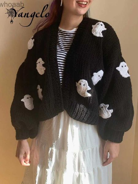Женские свитера Yangelo, готический Хэллоуин, свободный свитер с вышивкой призрака, женский осенне-зимний теплый кардиган с длинными рукавами Kawaii, свитер YQ231128