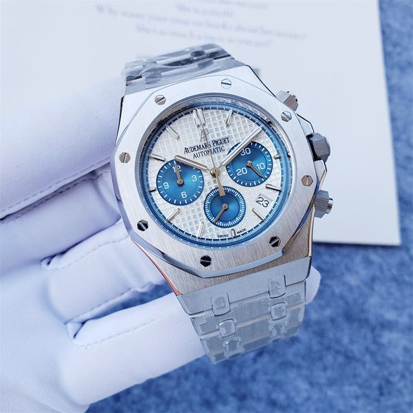 Alta qualità Top Brand Audexxx Pigxxx Oak Offshore Orologio da uomo Occhi azzurri Quadrante argentato con motivo a quadri Cinturino in acciaio Cronografo multifunzionale Movimento al quarzo Orologio da uomo