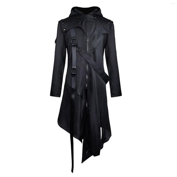 Herren Jacken 3x Regenjacke Herren Vintage Gothic Steampunk Mantel Spleiß Reißverschluss Gürtel Kapuze Langarm Kostüm Winter Windjacke