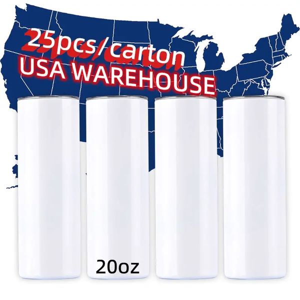 US CA Stock 20oz Sublimationsrohlinge Tassen Edelstahl isolierte Becher Wasserflaschen mit Kunststoffdeckel und Strohhalm für DIY-Druck