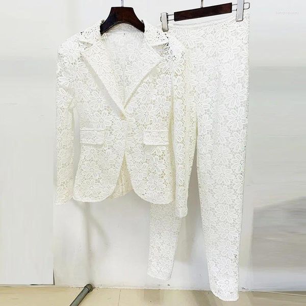 Pantaloni a due pezzi da donna JAMERARY Blazer in pizzo da passerella di alta qualità Cappotti da donna Pantaloni lunghi skinny da ufficio Pantaloni bianchi da donna Set